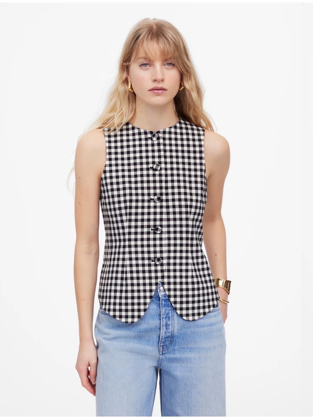 Madewell Black and White Gingham Single-Breasted Crewneck Vest 8 NWT